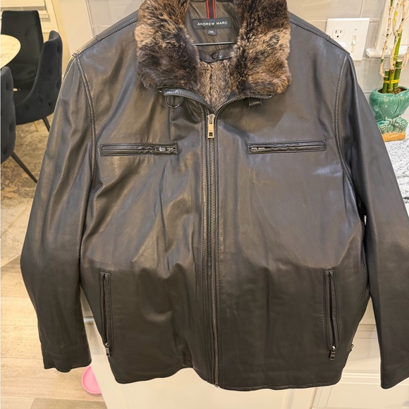 Andrew Marc Dark Brown Leather Jacket with Fur Collar
